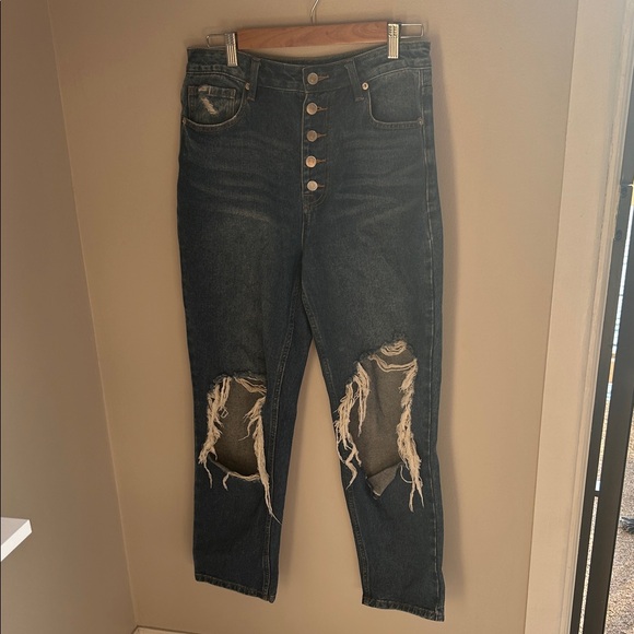 Forever 21 Denim - Forever 21 High-Rise Distressed Button-Fly Jeans - Medium/Dark Blue